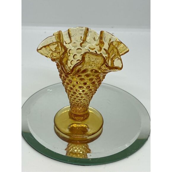 Vintage Yellow Amber Fenton Glass Hob Nail Small Cone Trumpet Vase Miniature 4” - Picture 5 of 7